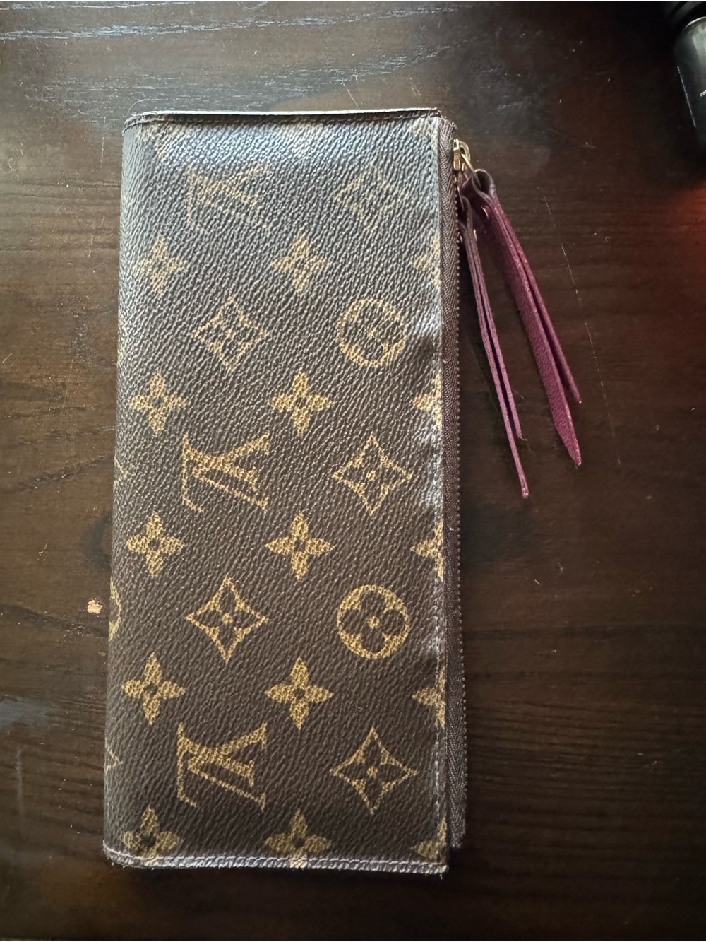 Louis Vuitton Brown Monogram Long Zip Wallet with Burgundy Pull